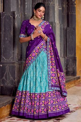 sky blue silk blend printed traditional lehenga choli