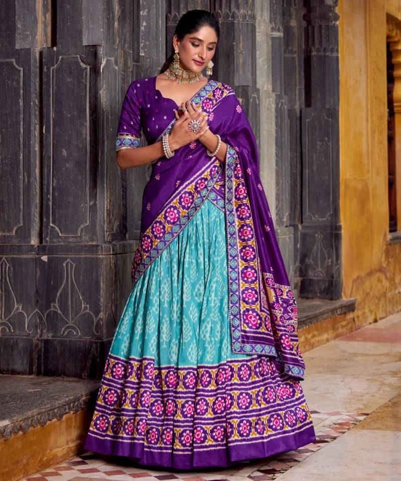 sky blue silk blend printed traditional lehenga choli