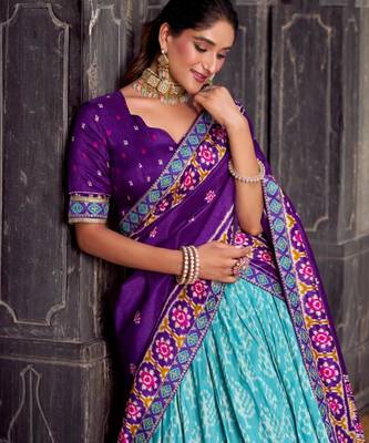 sky blue silk blend printed traditional lehenga choli 2