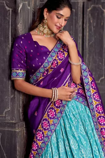 sky blue silk blend printed traditional lehenga choli