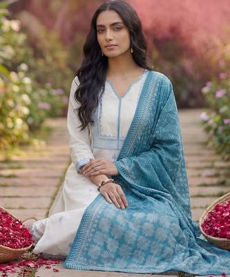 Women Ethnic Motifs Embroidered Thread Work Cotton Kurta with Trousers & With Dupatta 1