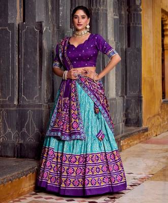 sky blue silk blend printed traditional lehenga choli 3