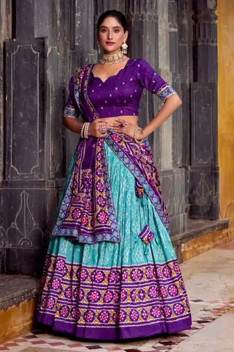 sky blue silk blend printed traditional lehenga choli