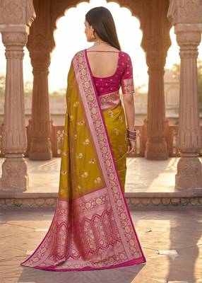 Mustard soft banarasi silk saree with zari weaving meenakari design 3