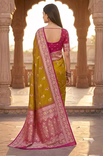 Mustard soft banarasi silk saree with zari weaving meenakari design