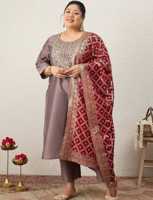 Plus Size Embroidered Sequinned Kurta with Palazzos & With Dupatta 1
