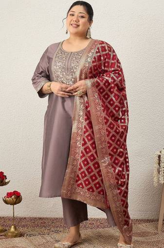 Plus Size Embroidered Sequinned Kurta with Palazzos & With Dupatta
