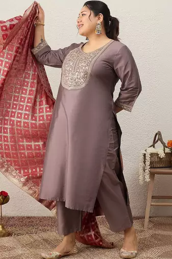 Plus Size Embroidered Sequinned Kurta with Palazzos & With Dupatta