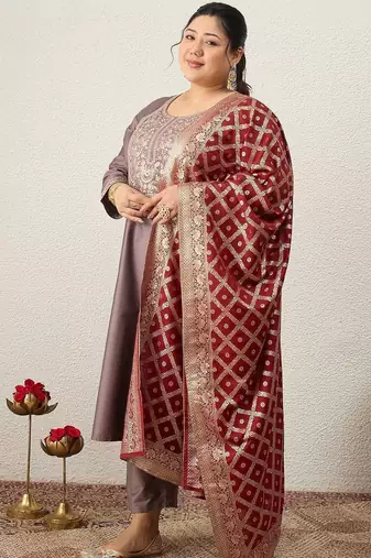 Plus Size Embroidered Sequinned Kurta with Palazzos & With Dupatta