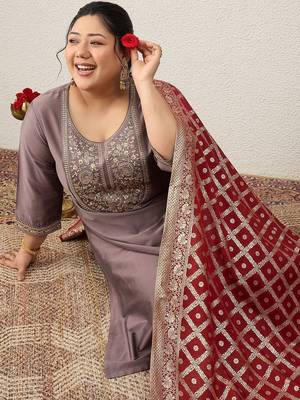 Plus Size Embroidered Sequinned Kurta with Palazzos & With Dupatta 6