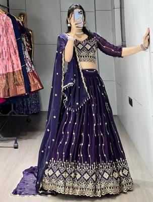 purple satin embroidered traditional lehenga choli 2