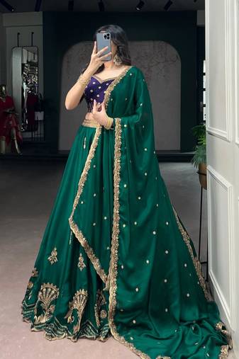 green crepe embroidered traditional lehenga choli with free size upto 44