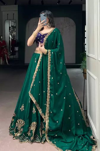 green crepe embroidered traditional lehenga choli with free size upto 44