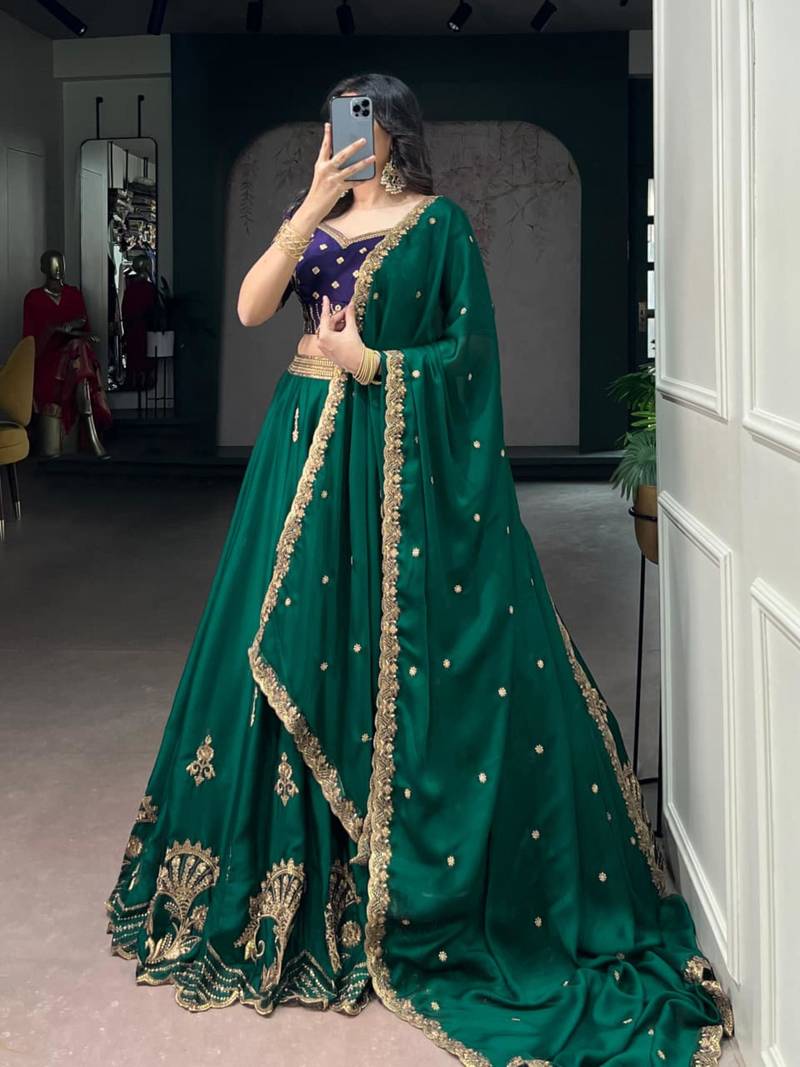 green crepe embroidered traditional lehenga choli with free size upto 44
