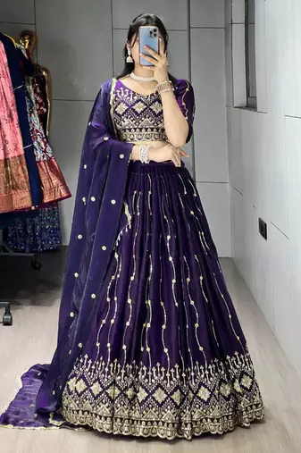 purple satin embroidered traditional lehenga choli