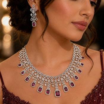 ruby red emerald cut crystal bridal jewellery set, silver plated necklace & earrings 1
