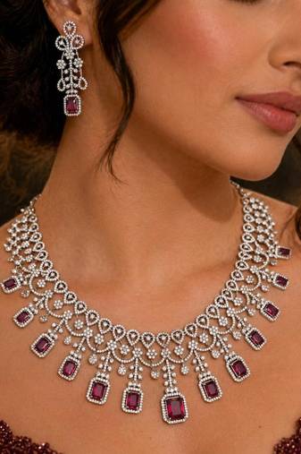 ruby red emerald cut crystal bridal jewellery set, silver plated necklace & earrings