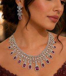 ruby red emerald cut crystal bridal jewellery set, silver plated necklace & earrings