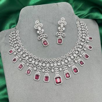 ruby red emerald cut crystal bridal jewellery set, silver plated necklace & earrings 2