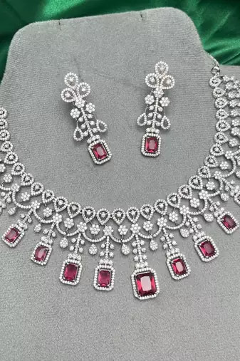 ruby red emerald cut crystal bridal jewellery set, silver plated necklace & earrings