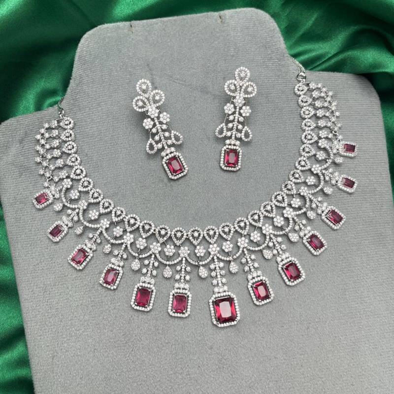 ruby red emerald cut crystal bridal jewellery set, silver plated necklace & earrings