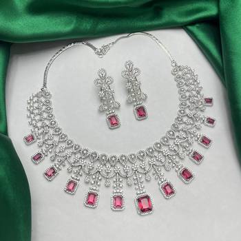 ruby red emerald cut crystal bridal jewellery set, silver plated necklace & earrings 3