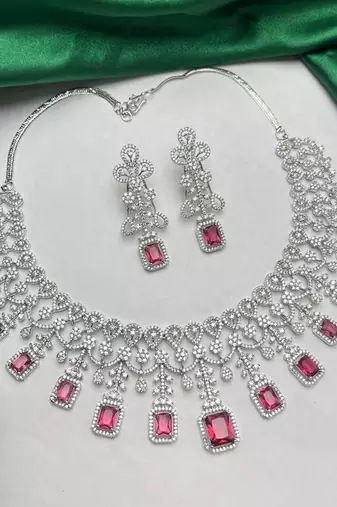 ruby red emerald cut crystal bridal jewellery set, silver plated necklace & earrings