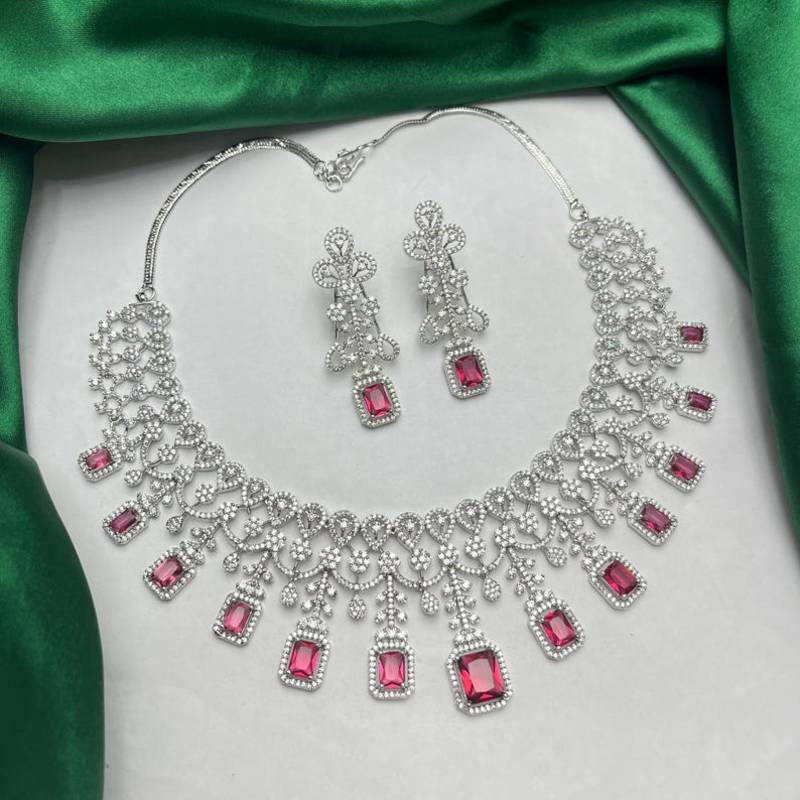 ruby red emerald cut crystal bridal jewellery set, silver plated necklace & earrings