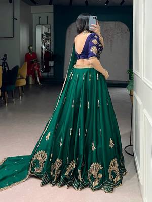 green crepe embroidered traditional lehenga choli with free size upto 44 2