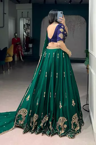 green crepe embroidered traditional lehenga choli with free size upto 44