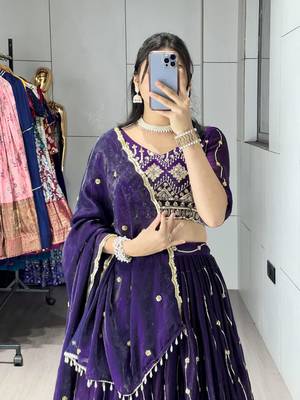 purple satin embroidered traditional lehenga choli 4