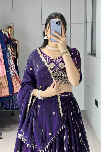 purple satin embroidered traditional lehenga choli