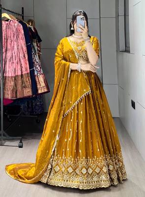 mustard satin embroidered traditional lehenga choli 1
