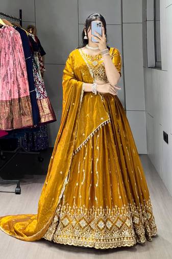 mustard satin embroidered traditional lehenga choli