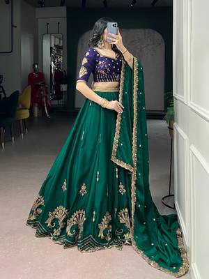 green crepe embroidered traditional lehenga choli with free size upto 44 3