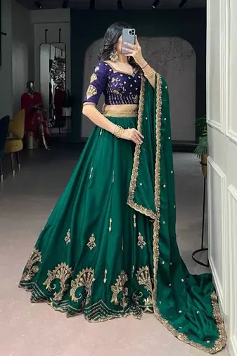 green crepe embroidered traditional lehenga choli with free size upto 44