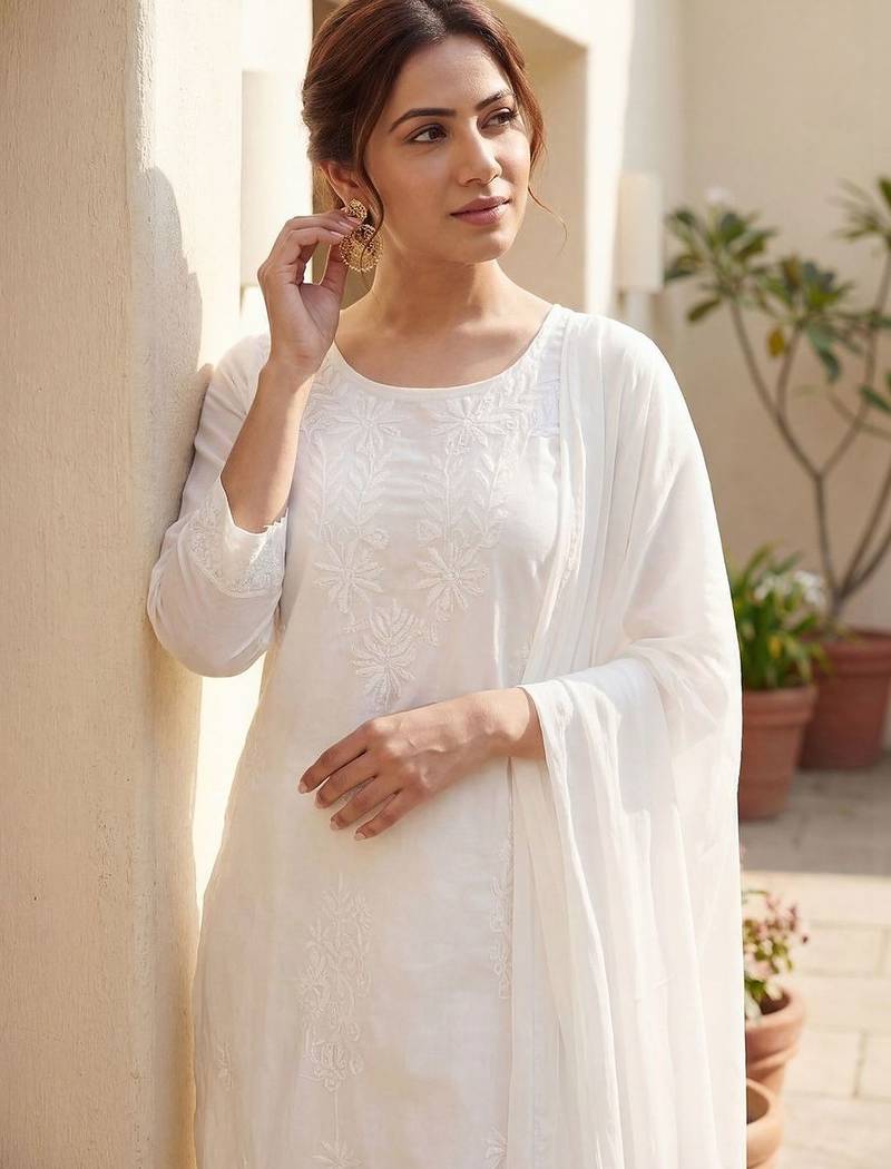 Women Ethnic Motifs Embroidered Thread Work Cotton Kurta with Trousers & With Dupatta