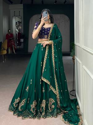 green crepe embroidered traditional lehenga choli with free size upto 44 4
