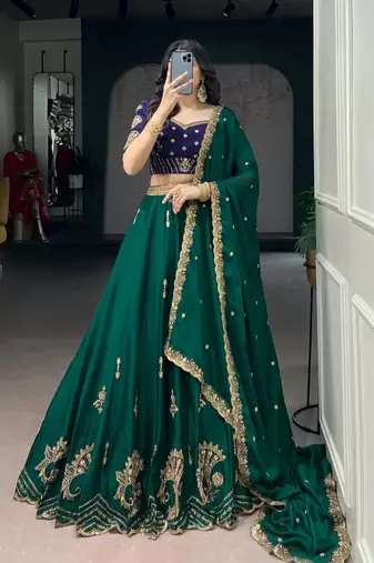 green crepe embroidered traditional lehenga choli with free size upto 44