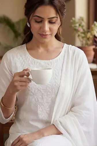 Women Ethnic Motifs Embroidered Thread Work Cotton Kurta with Trousers & With Dupatta