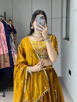 mustard satin embroidered traditional lehenga choli 3