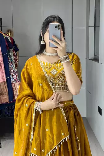 mustard satin embroidered traditional lehenga choli