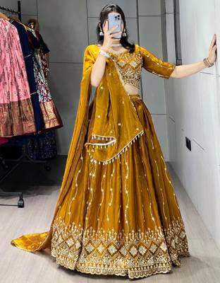 mustard satin embroidered traditional lehenga choli 4