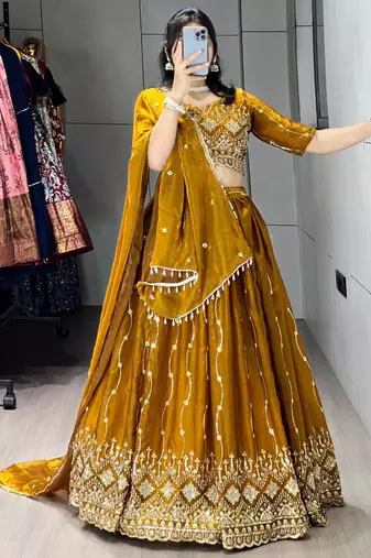 mustard satin embroidered traditional lehenga choli