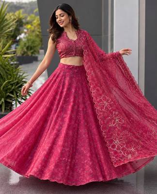 pink organza printed traditional lehenga choli with free size upto 42 1