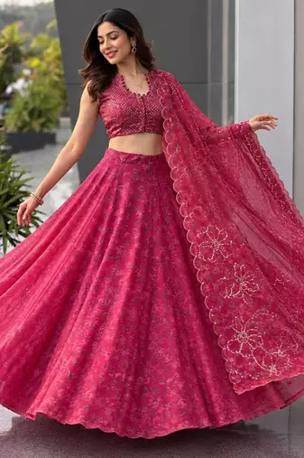 pink organza printed traditional lehenga choli with free size upto 42