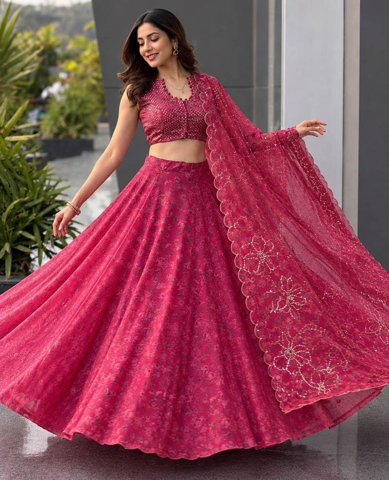 pink organza printed traditional lehenga choli with free size upto 42