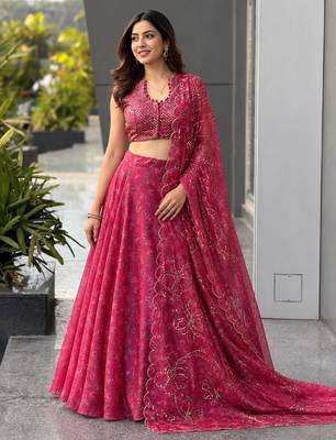 pink organza printed traditional lehenga choli with free size upto 42 3