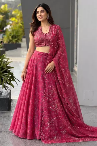 pink organza printed traditional lehenga choli with free size upto 42