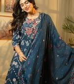 Floral Printed Beads & Stones Cotton A-Line Kurta With Trousers & Dupatta